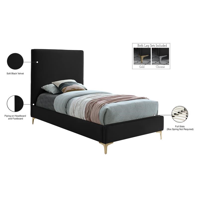 Meridian Furniture Geri Black Velvet Twin Bed with Gold and Chrome Legs Included