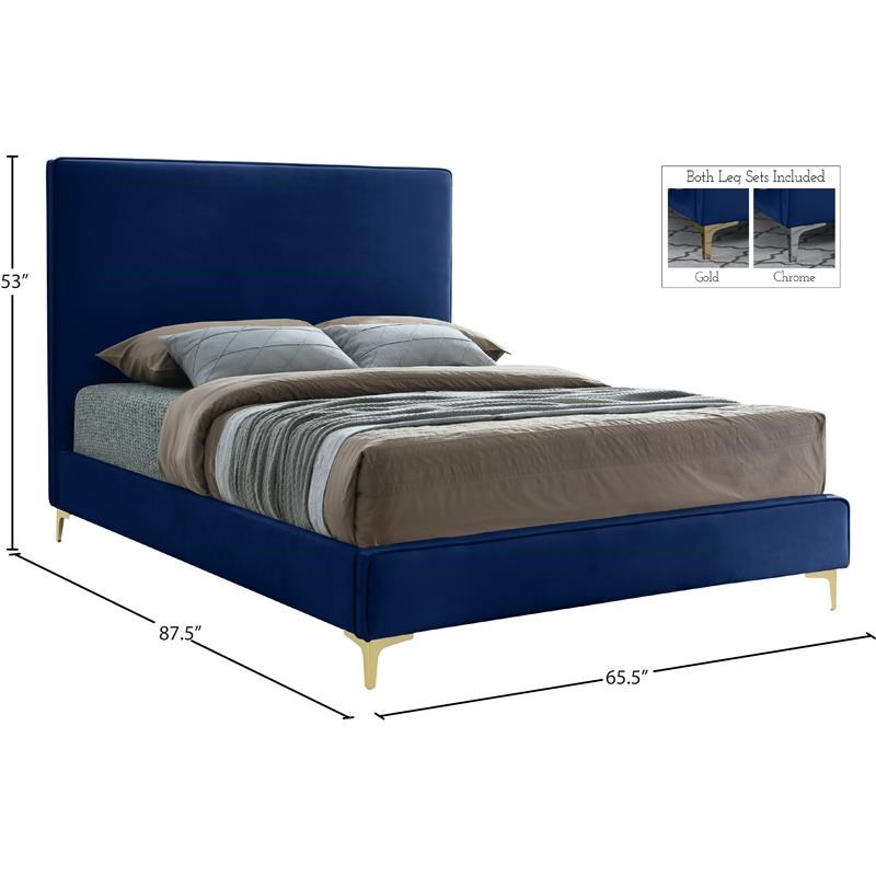 Meridian Furniture Geri Navy Velvet Queen Bed with Gold and Chrome Legs Included