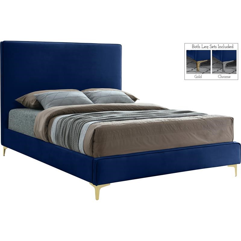 Meridian Furniture Geri Navy Velvet Queen Bed with Gold and Chrome Legs Included