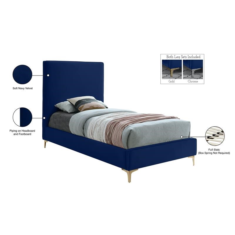 Meridian Furniture Geri Navy Velvet Twin Bed with Gold and Chrome Legs Included