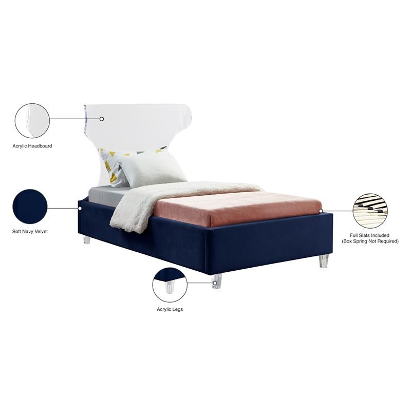 Meridian Furniture Ghost Navy Velvet Twin Bed with Acrylic Headboard and Legs