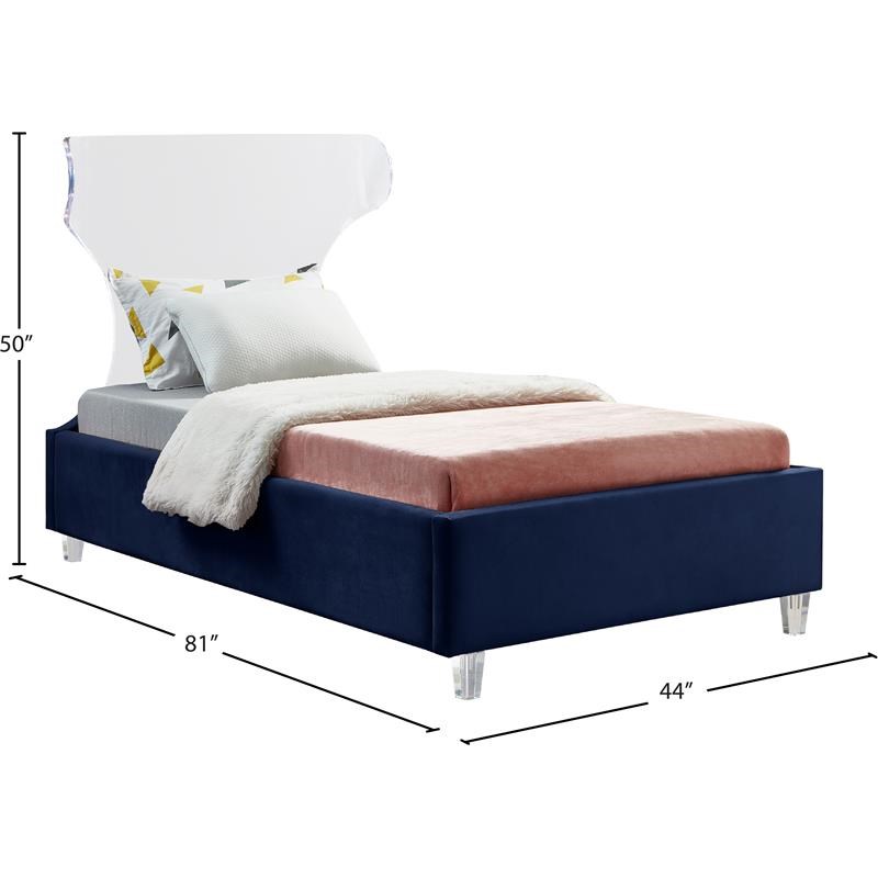 Meridian Furniture Ghost Navy Velvet Twin Bed with Acrylic Headboard and Legs