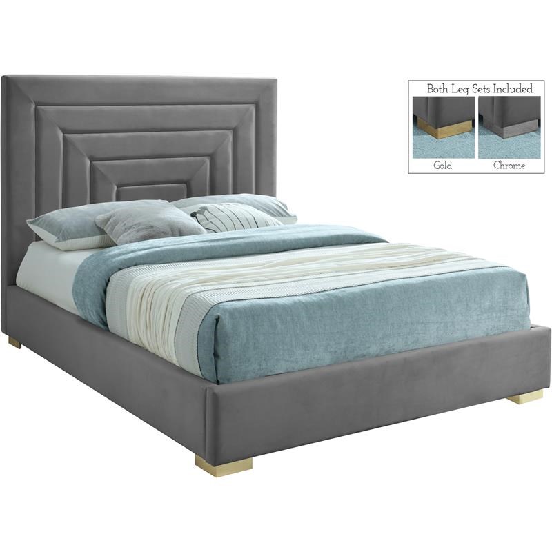 Meridian Furniture Nora Gray Velvet Full Bed with Gold/Chrome Legs Included