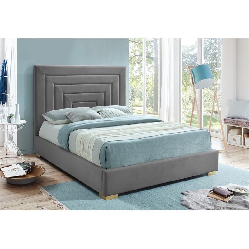 Meridian Furniture Nora Gray Velvet Queen Bed with Gold/Chrome Legs Included
