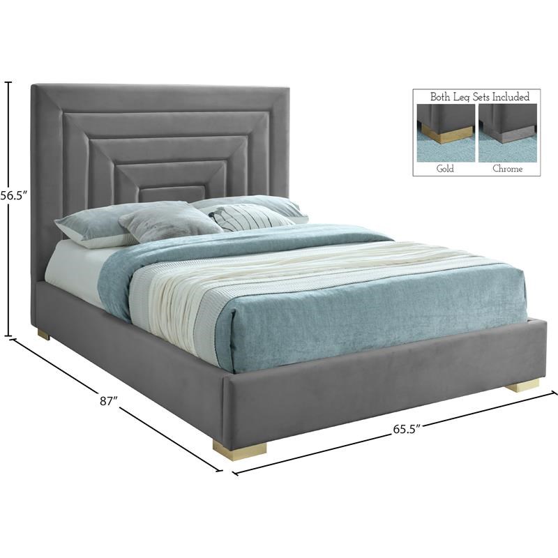 Meridian Furniture Nora Gray Velvet Queen Bed with Gold/Chrome Legs Included