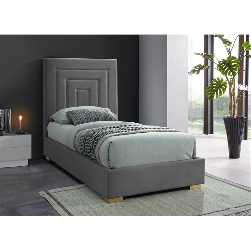 Meridian Furniture Nora Gray Velvet Twin Bed with Gold/Chrome Legs Included