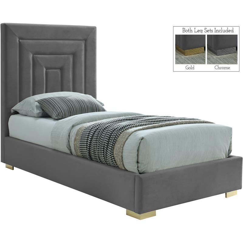 Meridian Furniture Nora Gray Velvet Twin Bed with Gold/Chrome Legs Included