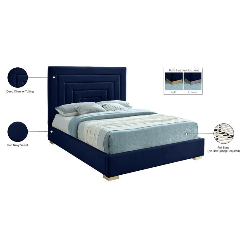 Meridian Furniture Nora Navy Velvet Full Bed with Gold/Chrome Legs Included