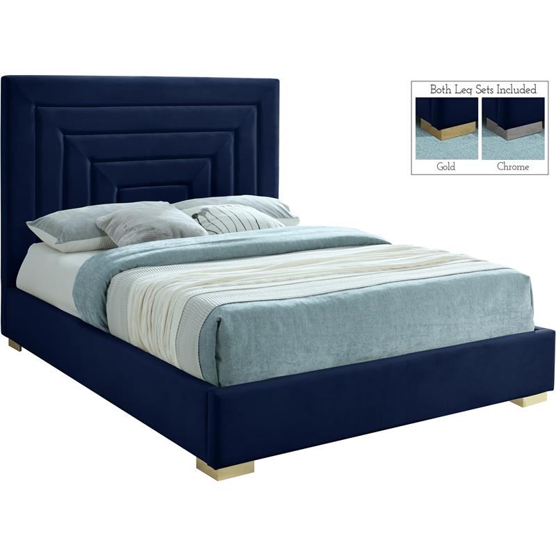 Meridian Furniture Nora Navy Velvet Full Bed with Gold/Chrome Legs Included