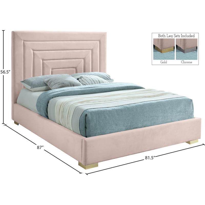 Meridian Furniture Nora Pink Velvet King Bed with Gold/Chrome Legs Included