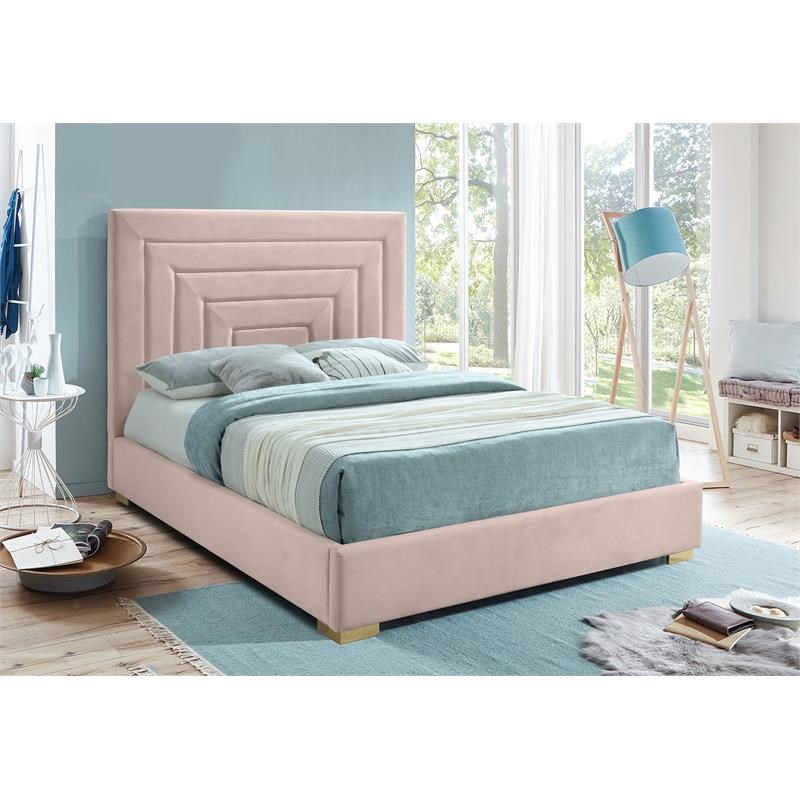 Meridian Furniture Nora Pink Velvet Queen Bed with Gold/Chrome Legs Included
