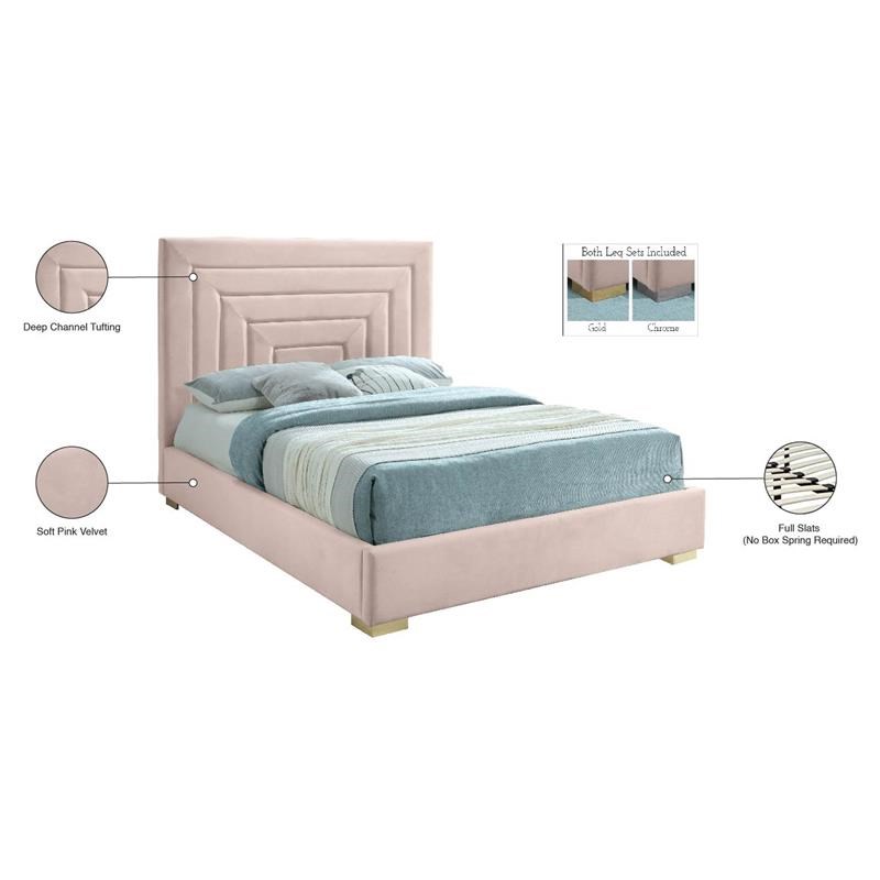 Meridian Furniture Nora Pink Velvet Queen Bed with Gold/Chrome Legs Included