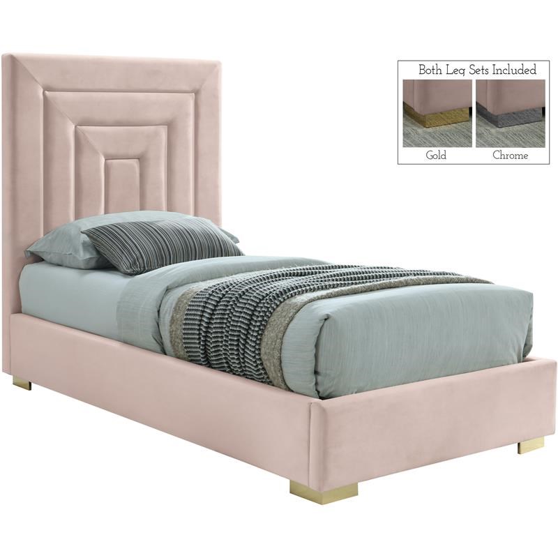 Meridian Furniture Nora Rich Pink Velvet Twin Bed with Gold/Chrome Legs Included