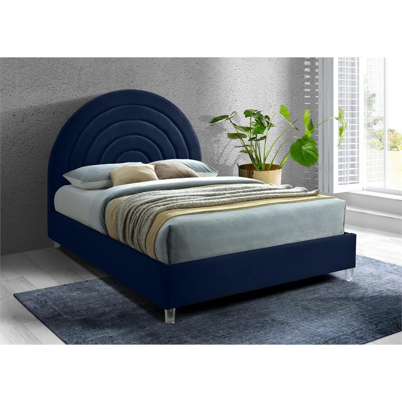 Meridian Furniture Rainbow Navy Velvet Queen Bed in Acrylic Finish