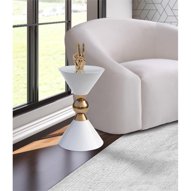 Meridian Furniture Malia White and Gold Metal Hourglass Shaped End Table