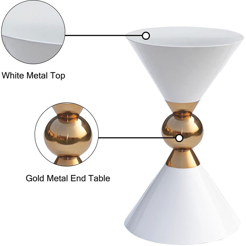 Meridian Furniture Malia White and Gold Metal Hourglass Shaped End Table