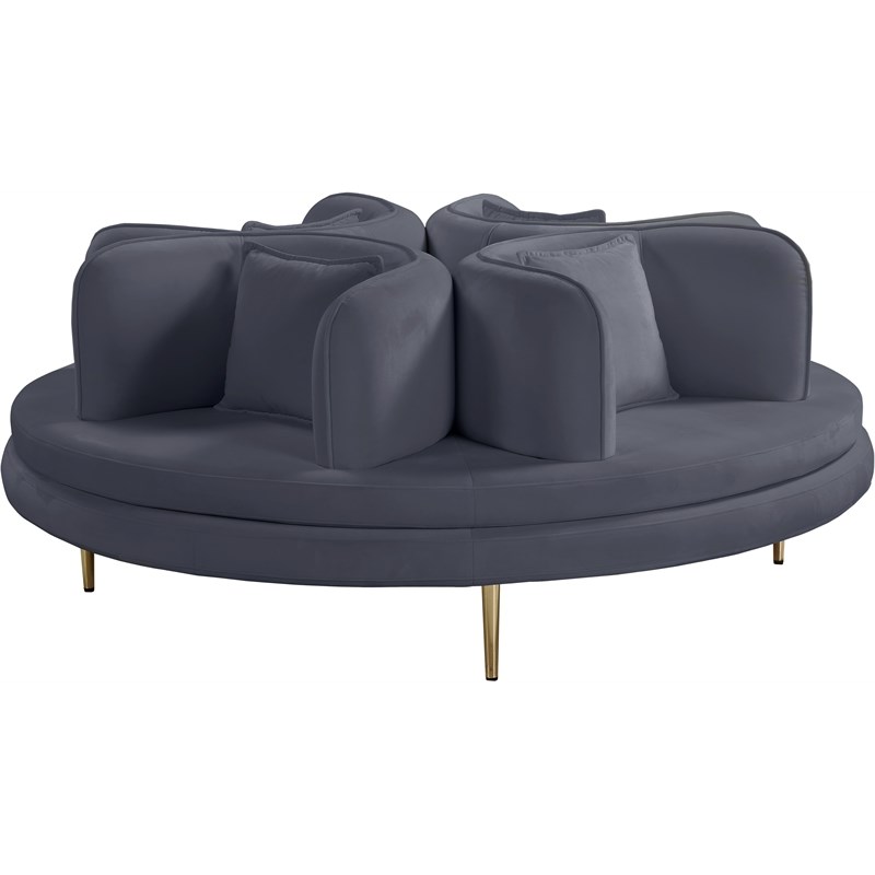 Meridian Furniture Circlet Gray Velvet Roundabout Sofa with Gold Iron Legs