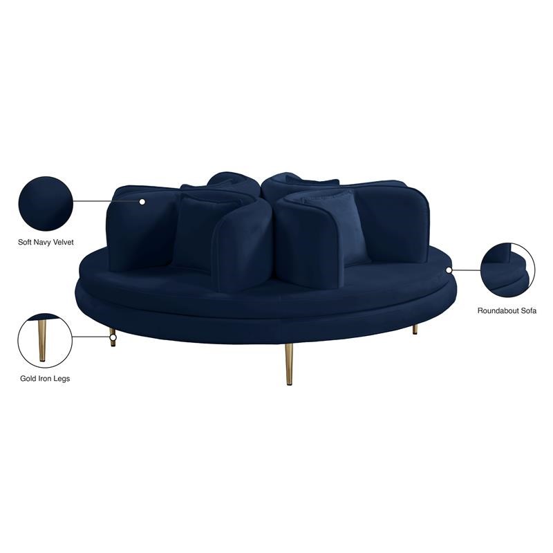 Meridian Furniture Circlet Navy Velvet Roundabout Sofa with Gold Iron