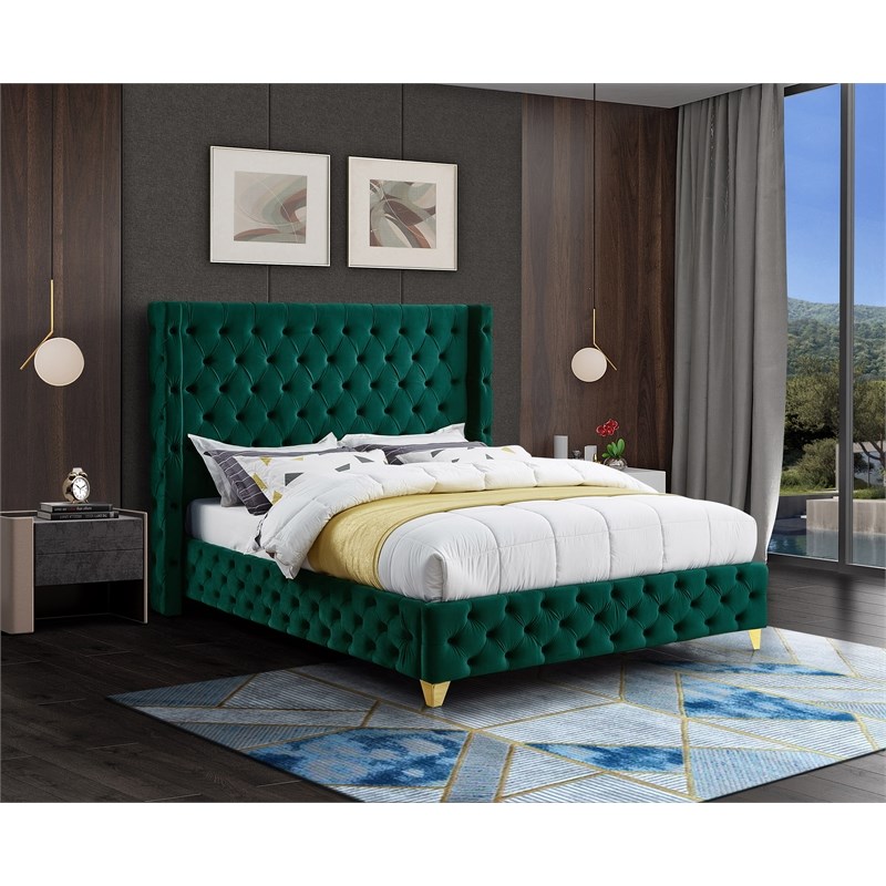 Meridian Furniture Savan Green Velvet Queen Bed
