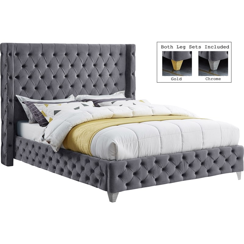 Meridian Furniture Savan Gray Velvet Queen Bed