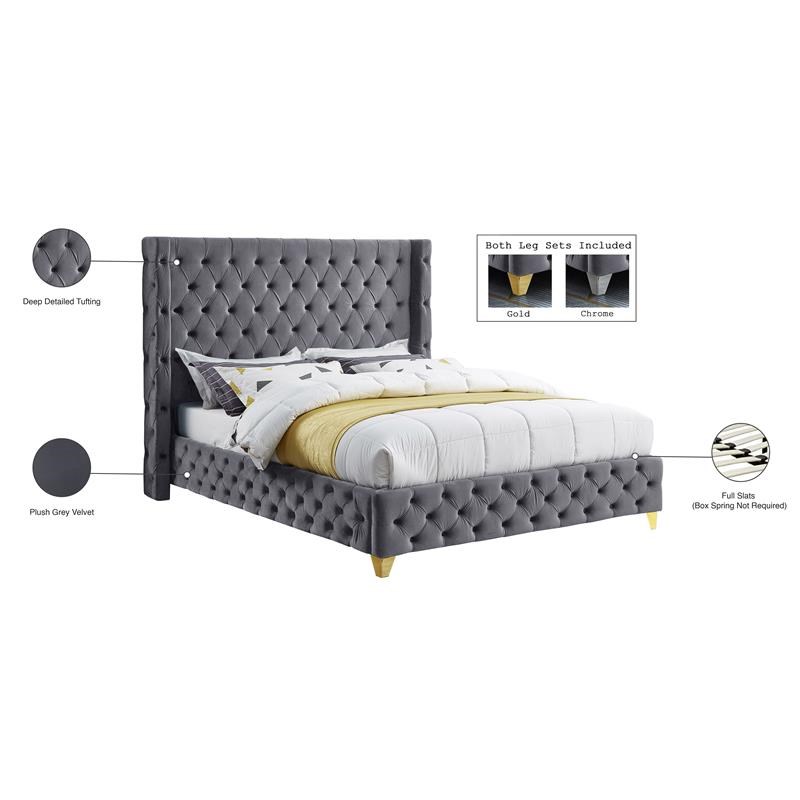 Meridian Furniture Savan Gray Velvet Queen Bed