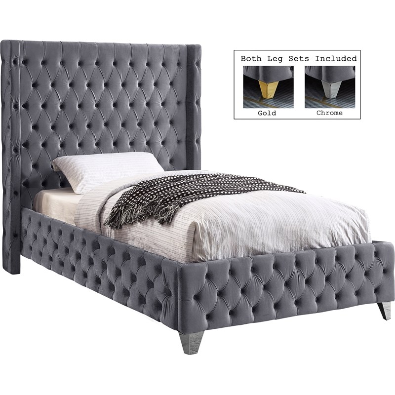 Meridian Furniture Savan Gray Velvet Twin Bed