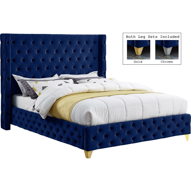Meridian Furniture Savan Navy Velvet Full Bed