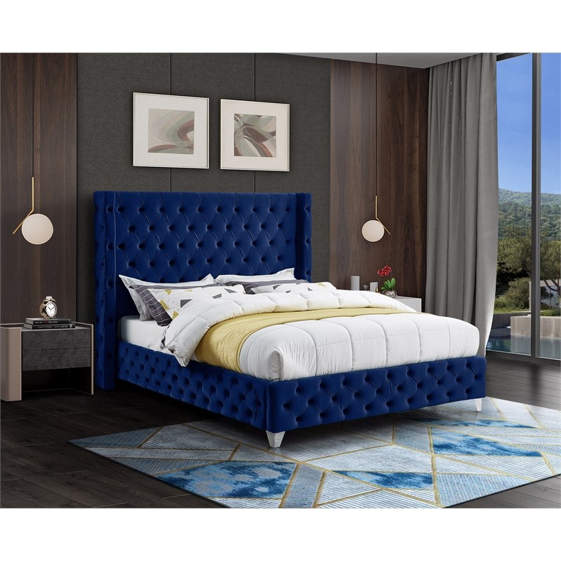 Meridian Furniture Savan Navy Velvet Queen Bed