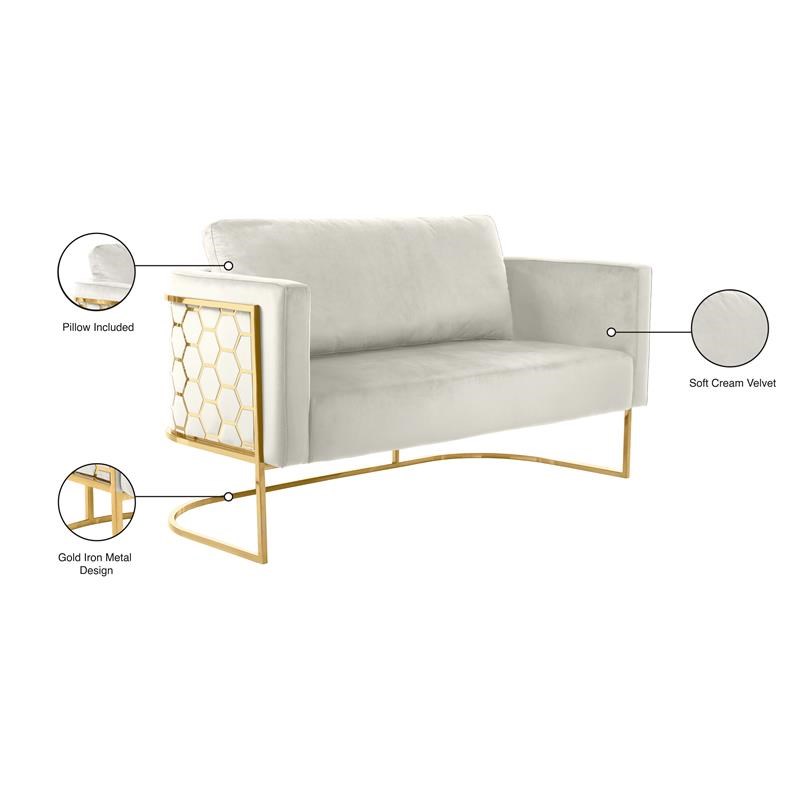 Meridian Furniture Casa Cream Velvet Loveseat with Gold Iron Metal Base