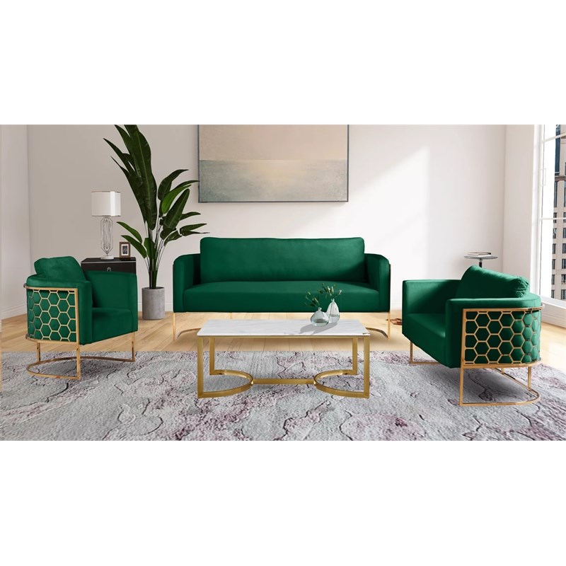 Meridian Furniture Casa Green Velvet Loveseat with Gold Iron Metal Base