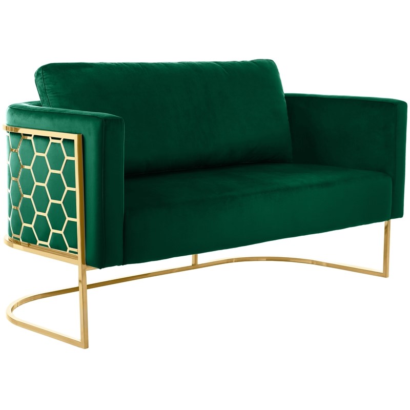 Meridian Furniture Casa Green Velvet Loveseat with Gold Iron Metal Base