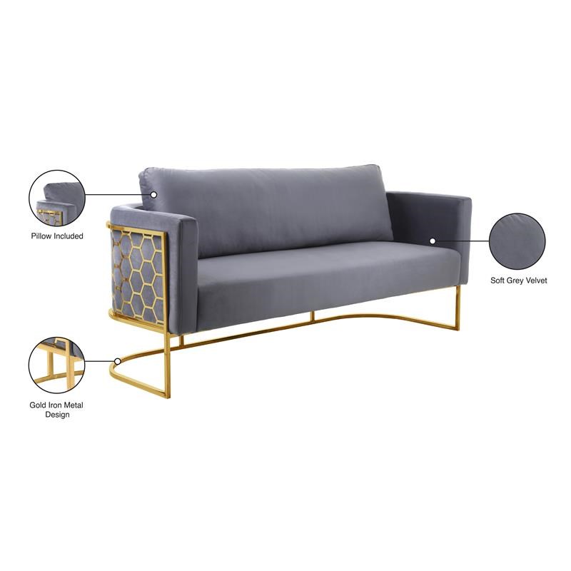 Meridian Furniture Casa Gray Velvet Sofa with Gold Iron Metal Base