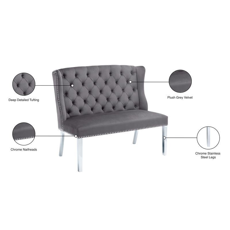 Meridian Furniture Gray Velvet Suri Settee Bench