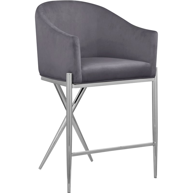 Meridian Furniture Xavier Gray Velvet Counter Stool with Chrome Metal Legs