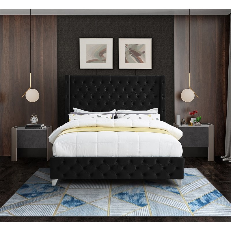 Meridian Furniture Savan Black Velvet Queen Bed