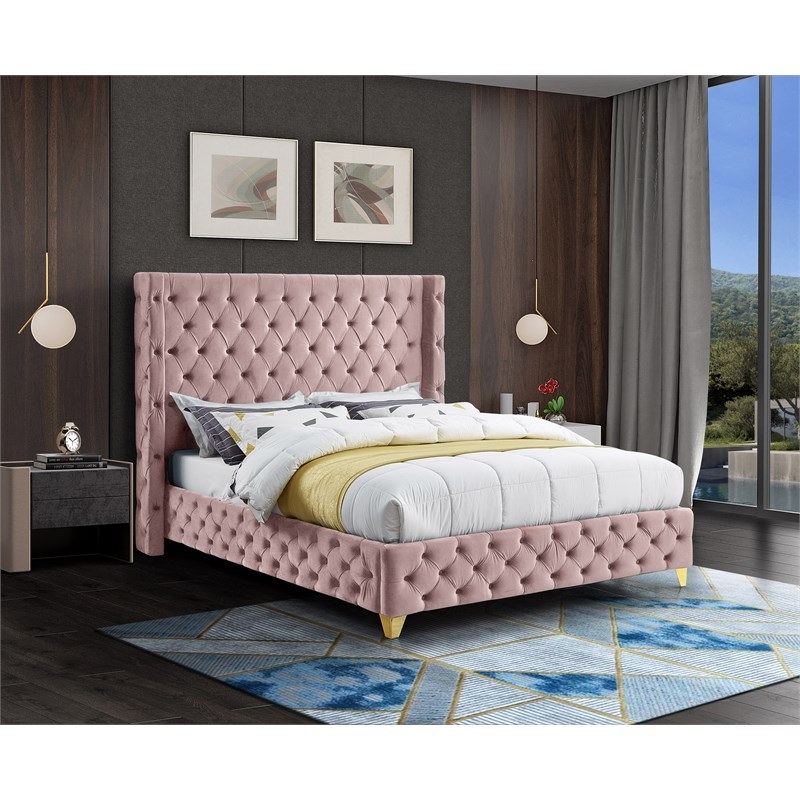 Meridian Furniture Savan Pink Velvet Full Bed