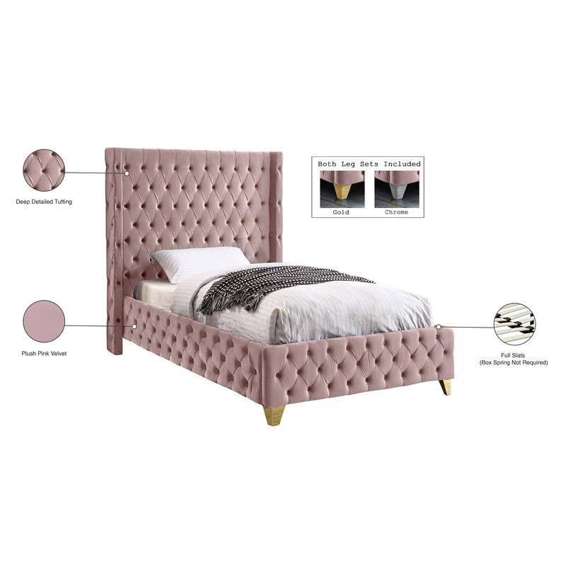 Meridian Furniture Savan Pink Velvet Twin Bed