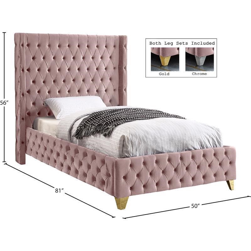 Meridian Furniture Savan Pink Velvet Twin Bed