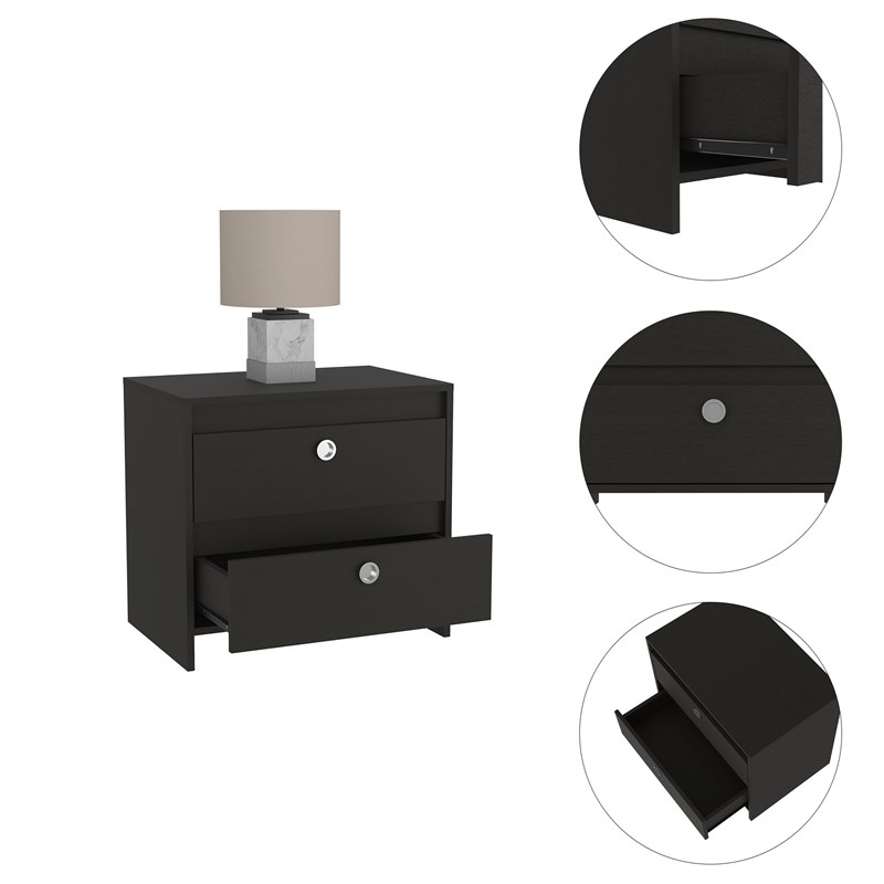 TUHOME Idaly Nightstand With Two Drawers- Black Engineered Wood - For Bedroom