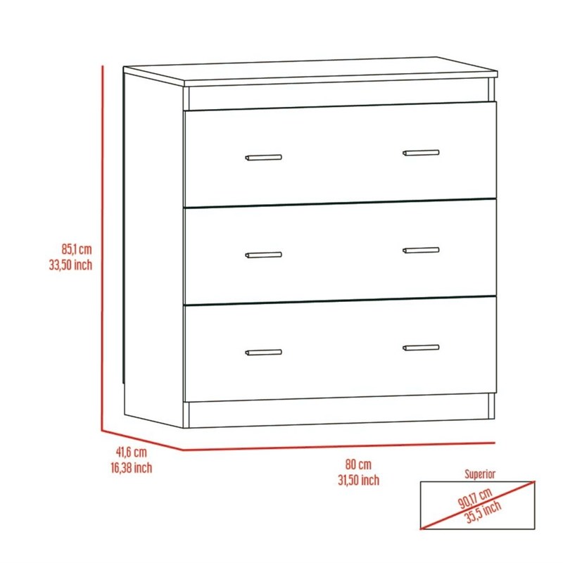 TUHOME Classic Three Drawer Dresser - White Engineered Wood - For Bedroom