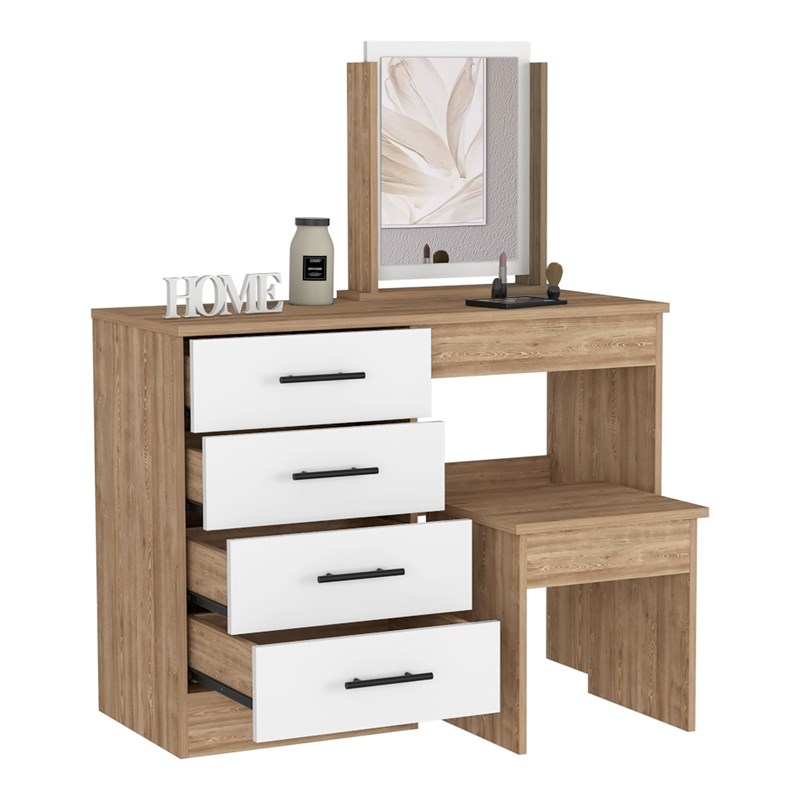 TUHOME Kaia Makeup Dressing Table/Mirror - Pine /White - Beige Engineered Wood
