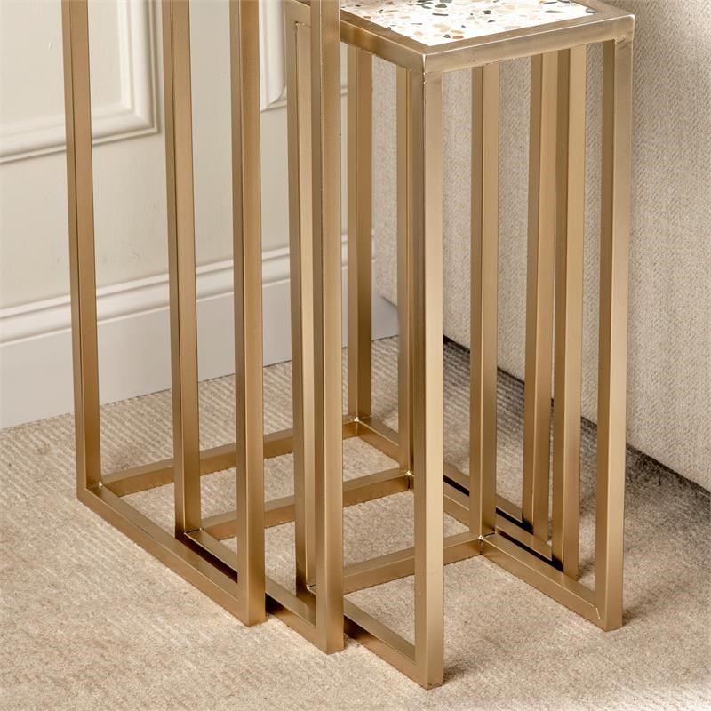 Evolution by Crestview Collection Ethniu Set of 3 Terrazo Nesting Tables in Gold