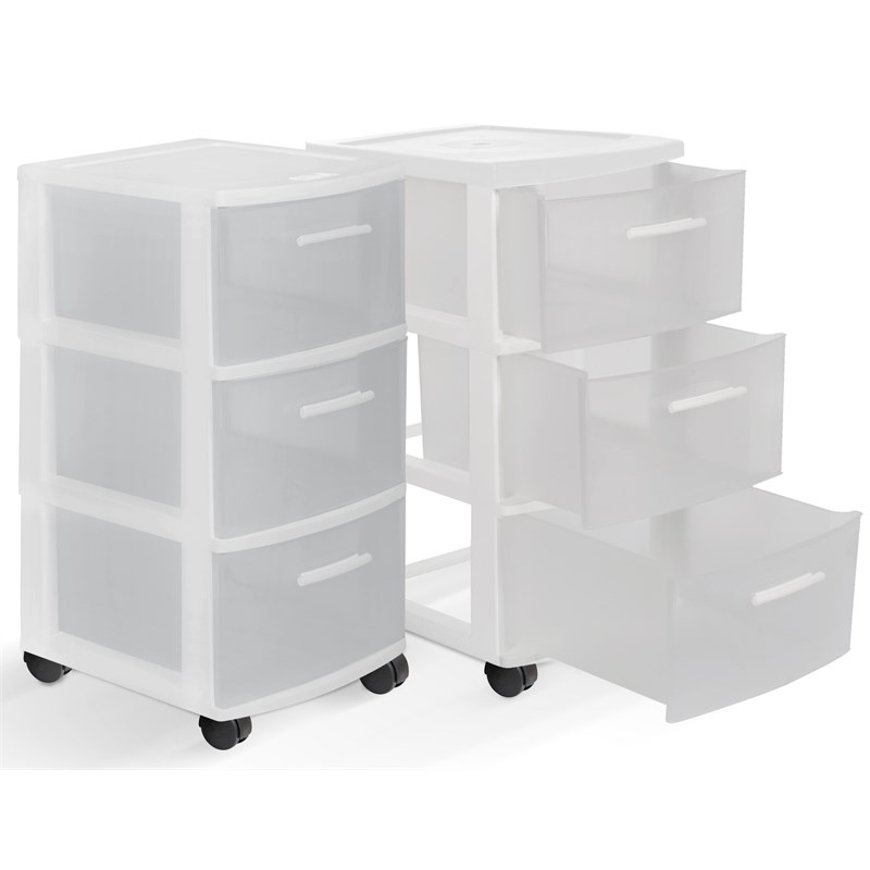 MQ 3-Drawer Plastic Rolling Storage Cart with Casters in White (2 Pack)