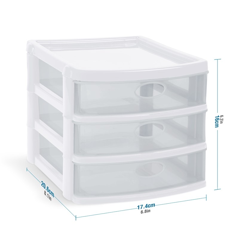 MQ 3-Drawer Plastic Storage Unit in White with Clear Drawers (6 Pack)