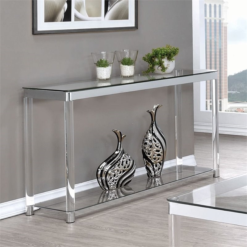 Stonecroft Furniture Glass Top Console Table with Lower Shelf in Chrome