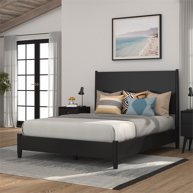 Alpine Furniture Flynn Mid Century Modern Wood Queen Panel Bed in Black ...