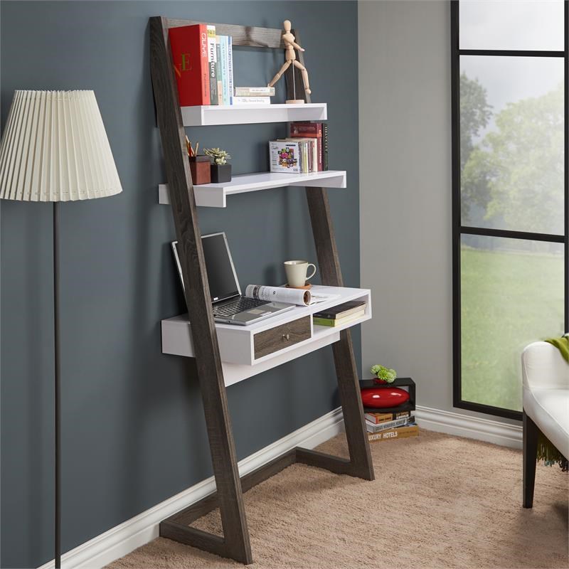 Allora Wood Writing Desk with Shelves in Distressed Gray