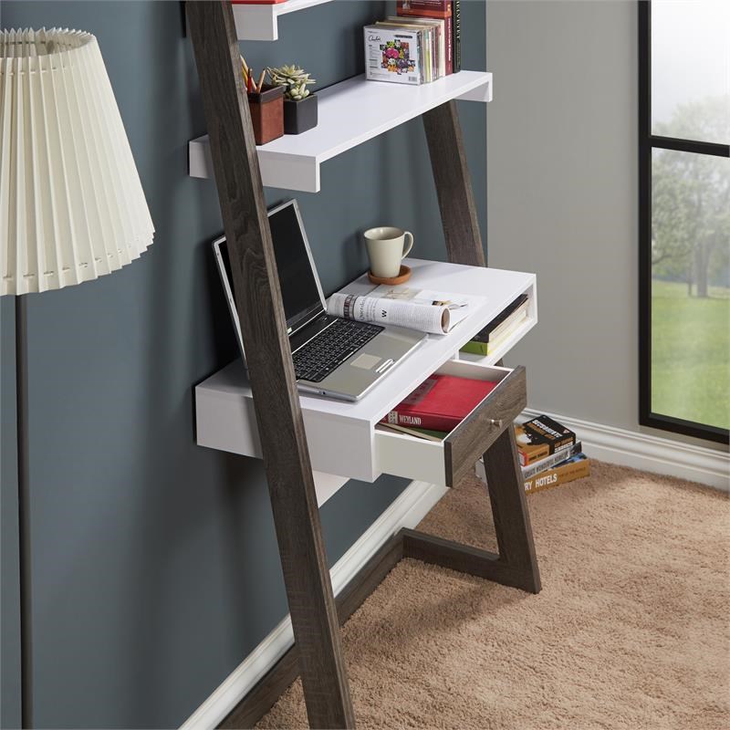 Allora Wood Writing Desk with Shelves in Distressed Gray