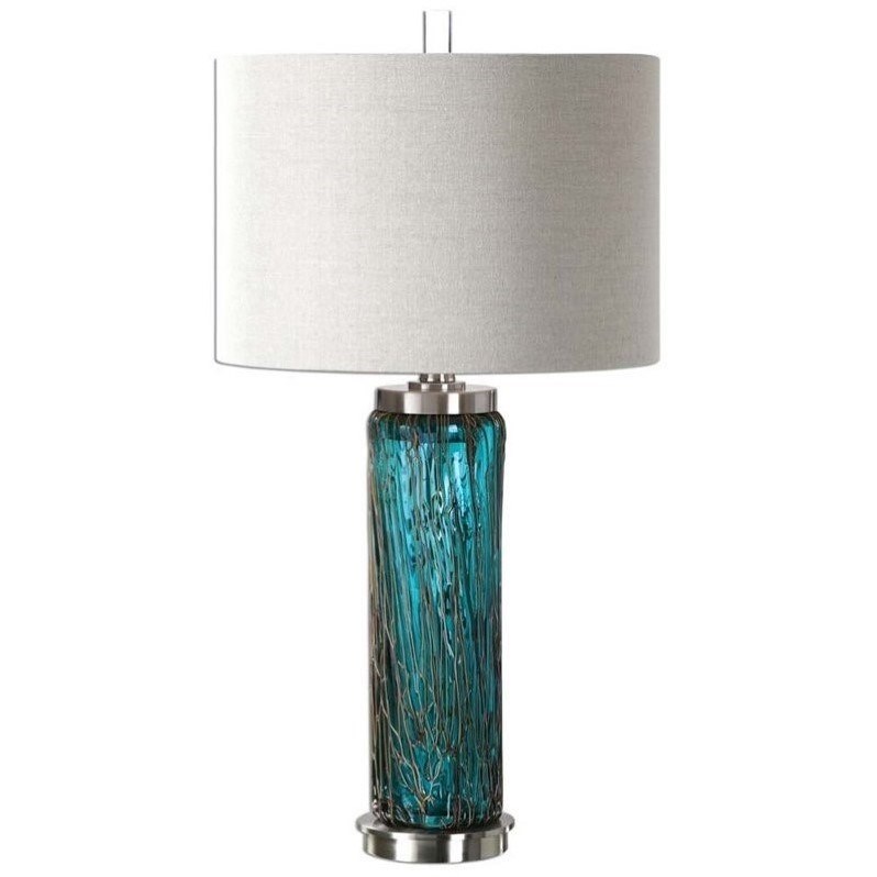 Allora 1-Light Glass and Metal Lamp in Blue with Drum Shade