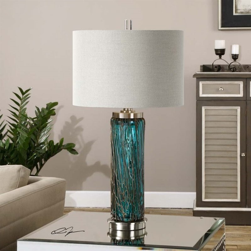 Allora 1-Light Glass and Metal Lamp in Blue with Drum Shade